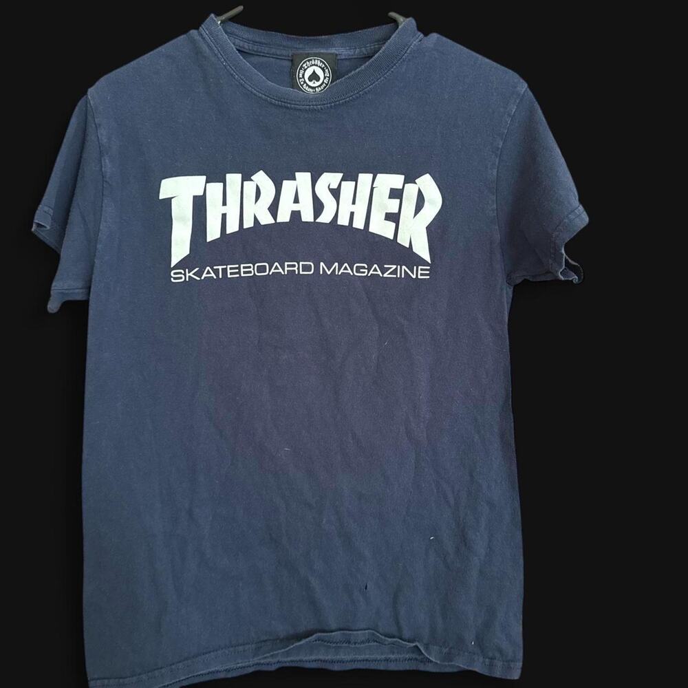 Navy blue thrasher skateboard magazine